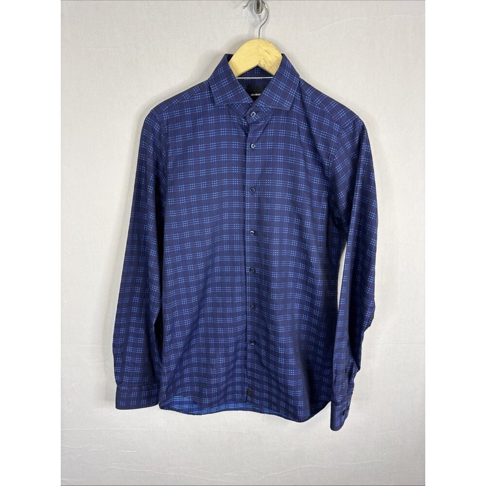 Strellson Slim Fit Blue Plaid Dress Shirt Mens 38‎ 15 Swiss Tailored